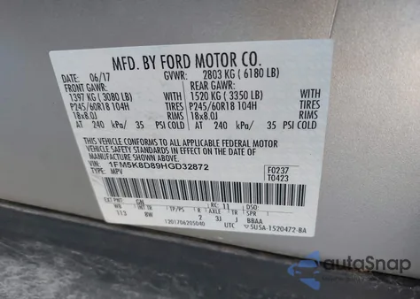 2017 Ford Explorer Xlt из США, поврежденный, VIN 1FM5K8D89HGD32872